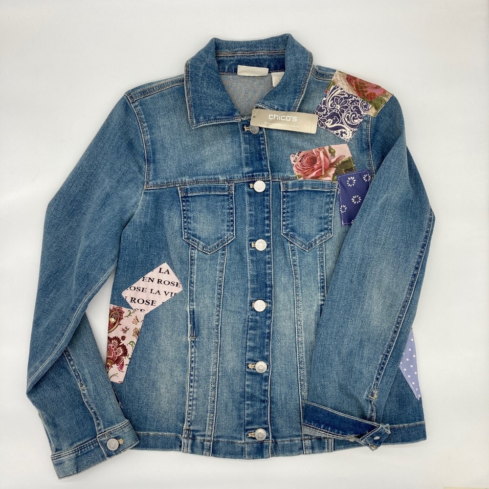 NWT Chico's Patchwork Indigo Denim Jean Jacket